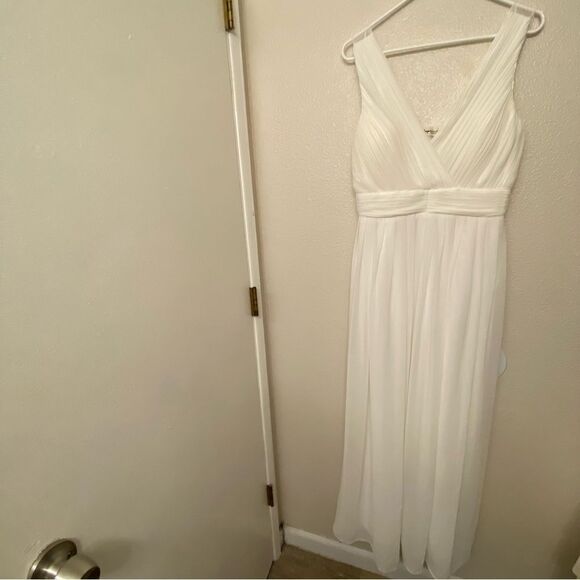 White V-Neck formal Evening wedding Dress maxi gown Floor Length XL 12-14 - Picture 4 of 15